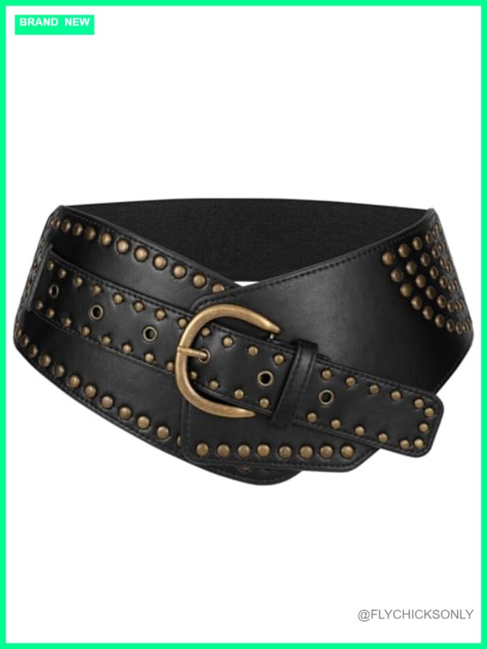 Vintage Wide Elastic Belt with Studded Rivets Metal Buckle, Stretchy Waist Belt